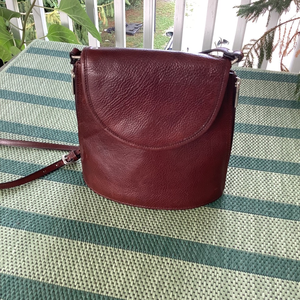 Italian Leather Crossbody Bucket Bag Mahogany Brown Pebbled Flap Side Zip Small